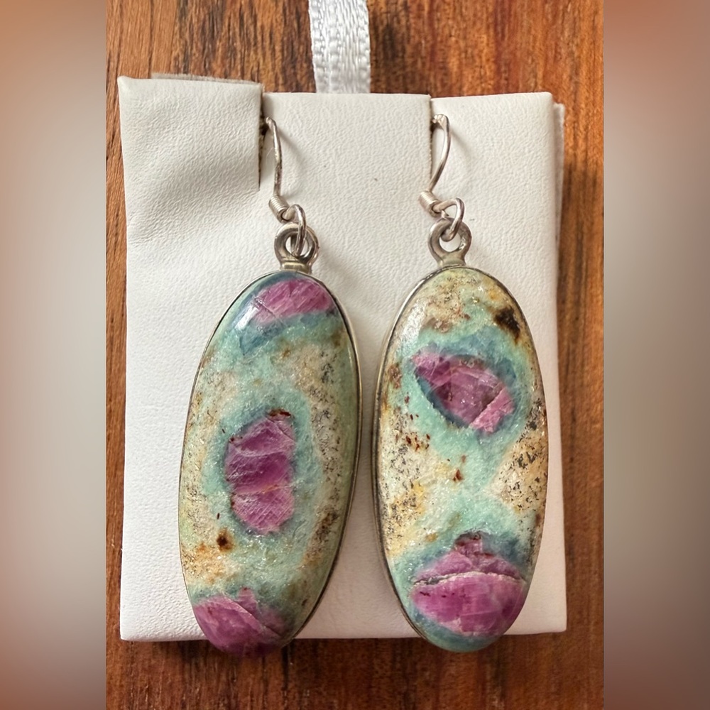 Sterling Silver 925 Ruby in Fuchsite Multi-Color Stone Earrings Dangling Heavy